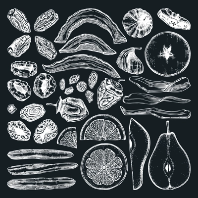 Dried fruits and berries set. Hand drawn dehydrated fruit sketches - dried mango, melon, fig, apricot, banana, persimmon, dates, prune, raisin. For vegan food, snacks, breakfast, granola, desserts.
